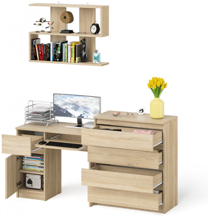 Мори компьютерный стол МС-1 левый + Комод МК800.4 + Полка 900, дуб сонома