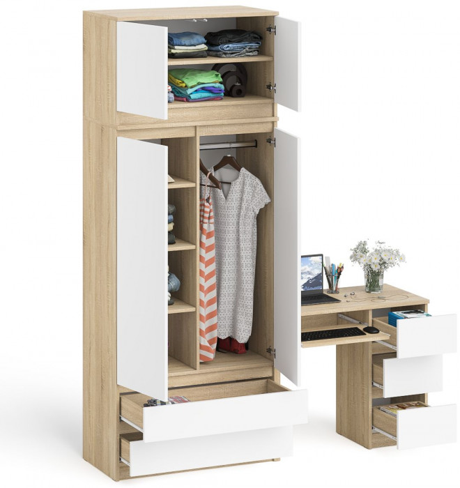 Мори компьютерный стол МС-6 правый + Шкаф МШ900.1 + Антресоль МА900.1, дуб сонома/белый