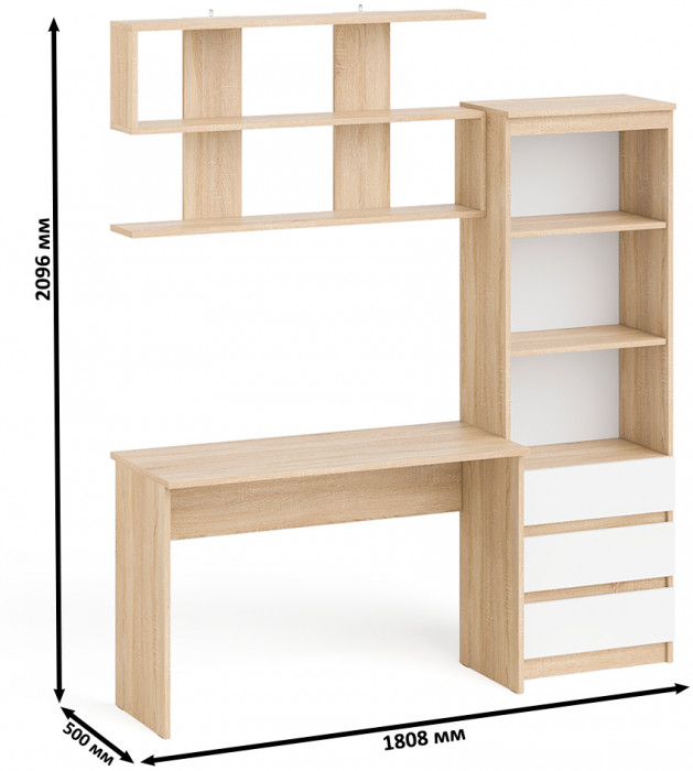 Мори письменный стол МСП1200.1 + Стеллаж МСТ600.3 + Полка 1200, дуб сонома/белый