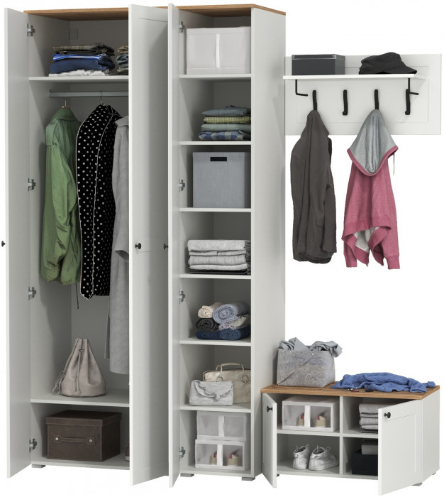 Остин Прихожая 43, цвет белый шагрень/дуб крафт золотой, ШхГхВ 200х54,3х229,6 см., универсальная сборка