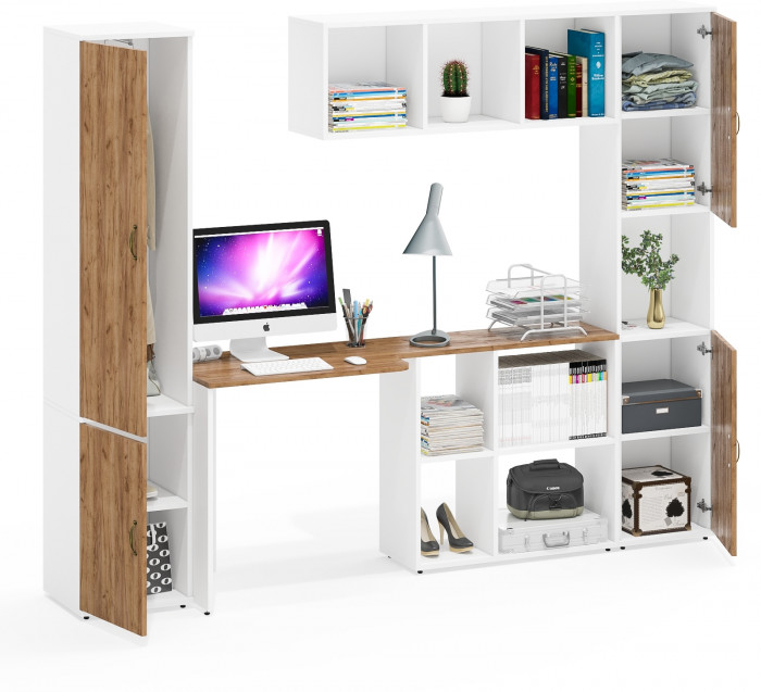 Лидер-8 Пенал МД 21Б + Стол + Полка + Пенал, белый шагрень/крафт золото