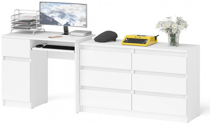 Мори Стол компьютерный МС-1 левый + Комод МК1200.6, цвет белый, ШхГхВ 210,4х50х76,6 см., выдвижной ящик слева, НЕ универсальная сборка