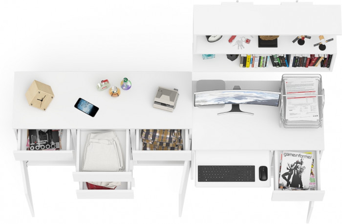 Мори Стол компьютерный МС-1 правый + Комод МК1200.4 + Полка 900, цвет белый, ШхГхВ 210,4х50х209,6 см., НЕ универсальная сборка