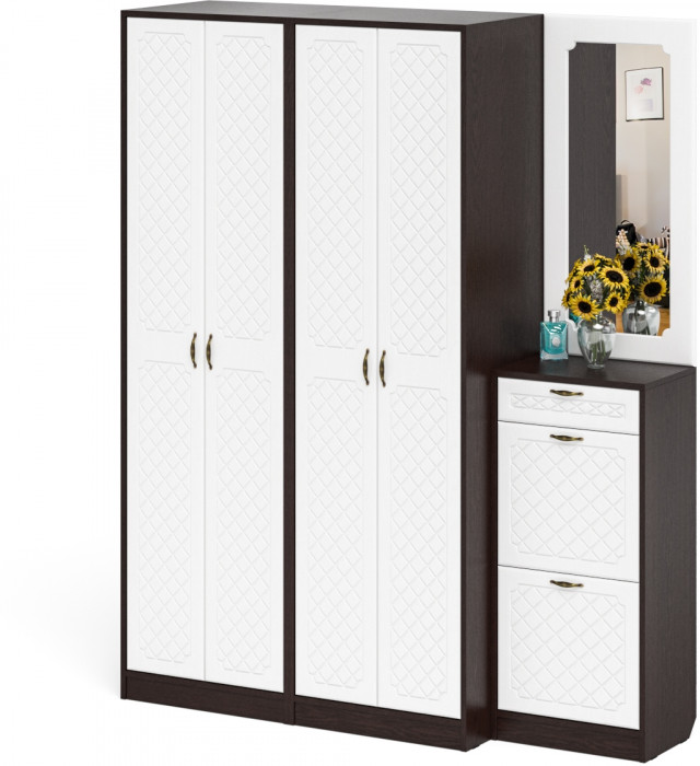 Прихожая П-6 Компоновка № 14, цвет венге/фасады МДФ белое дерево фрезеровка ромб, ШхГхВ 170х50х210 см., универсальная сборка