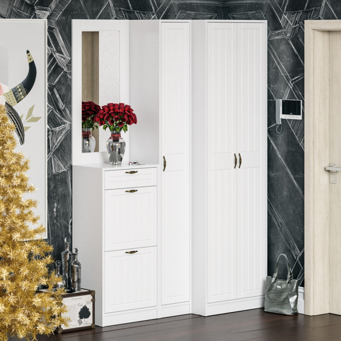 Прихожая П-6 Тумба для обуви 2 секции + Зеркало, цвет белая шагрень/фасады МДФ белое дерево фрезеровка прованс, ШхГхВ 50х35х210 см.