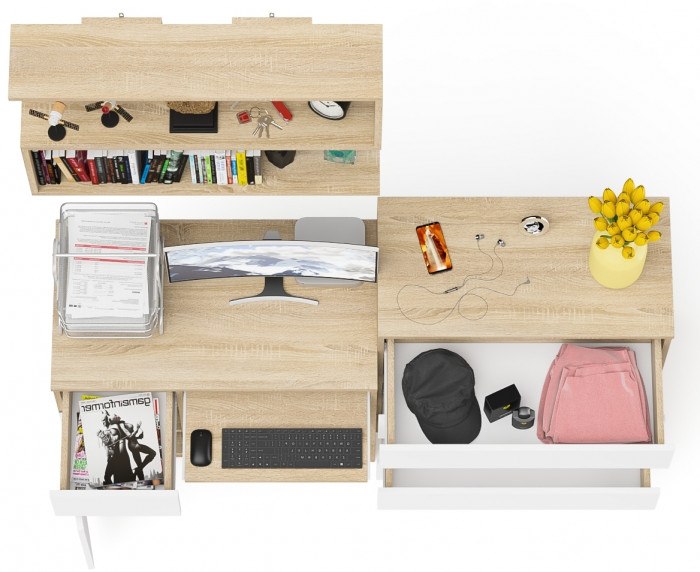 Мори компьютерный стол МС-1 левый + Комод МК800.4 + Полка 900, дуб сонома/белый