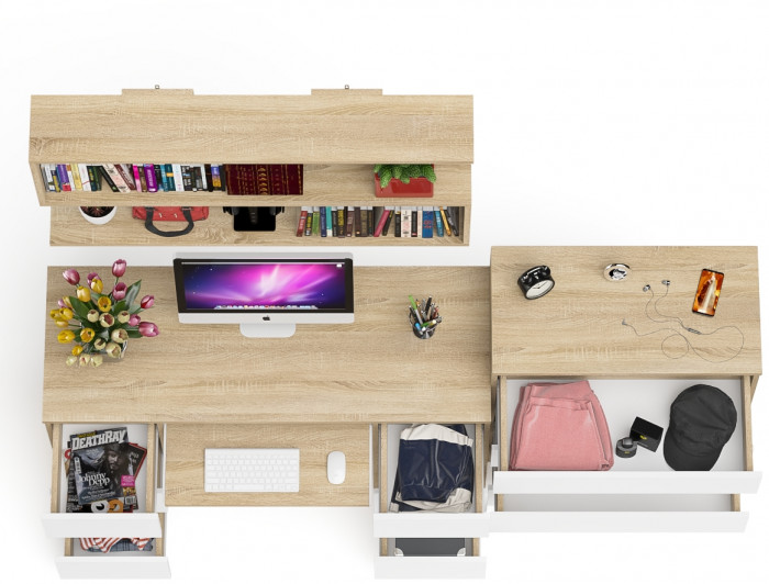 Мори компьютерный стол МС-2 + Комод МК800.4 + Полка 1200, дуб сонома/белый