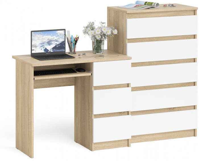 Мори компьютерный стол МС-6 правый + Комод МК700.5, дуб сонома/белый