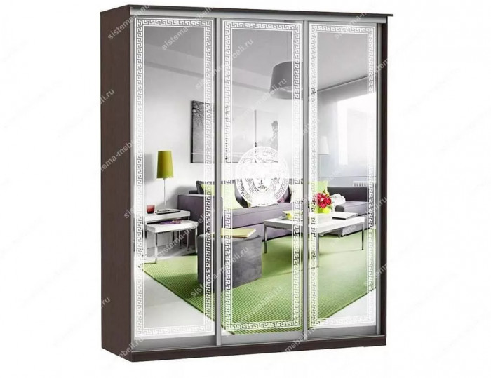 Шкаф купе Модерн 1776х450 3-х дверный 2-х секционный зеркальный с пескоструем №1 венге