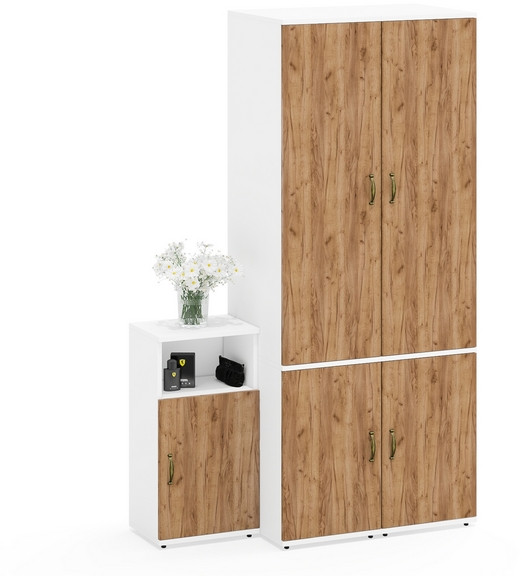 Лидер-8 Пенал МД 23Б + Пенал МД 23Б + Тумба МД 3.19, цвет белый шагрень/крафт золото, ШхГхВ 120х50х190 см., универсальная сборка