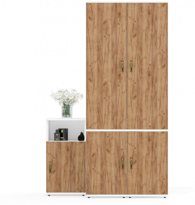 Лидер-8 Пенал МД 23Б + Пенал МД 23Б + Тумба МД 3.19, цвет белый шагрень/крафт золото, ШхГхВ 120х50х190 см., универсальная сборка