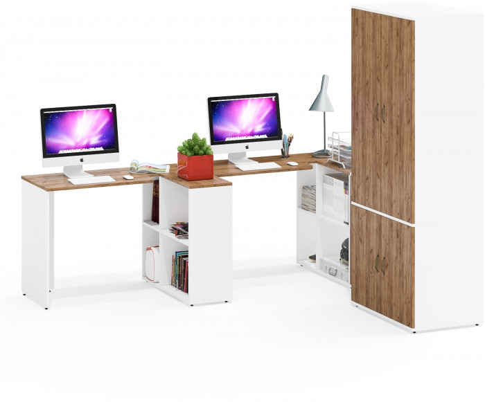 Лидер-8 Стол + Стол + Шкаф МД 19Б + Тумба МД 3.15, белый шагрень/крафт золото