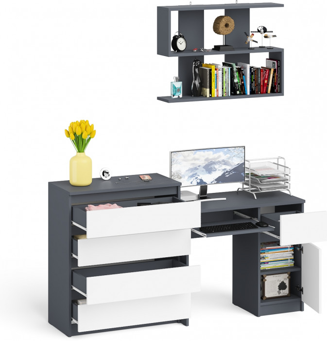 Мори компьютерный стол МС-1 правый + Комод МК800.4 + Полка 900, графит/белый