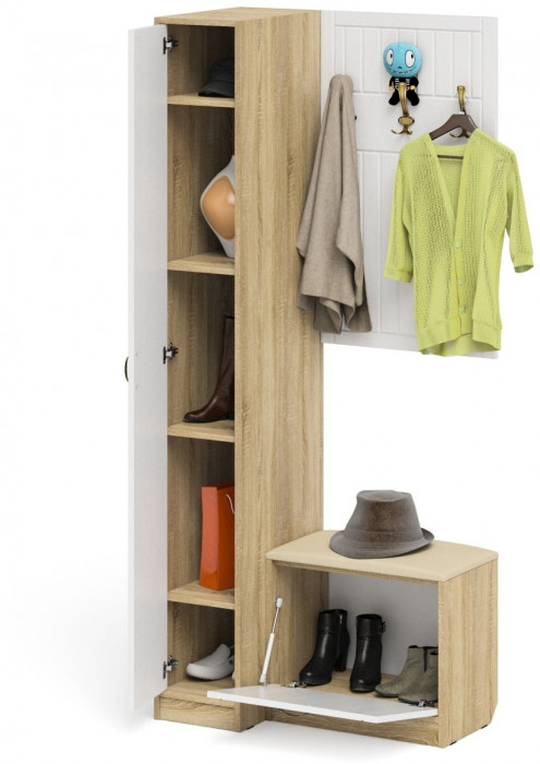 Прихожая П-6 Компоновка № 41, дуб сонома/фасады МДФ белое дерево фрезеровка прованс