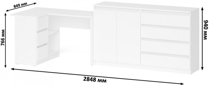 Мори компьютерный стол МС-16 левый + Комод МК1600.1, белый