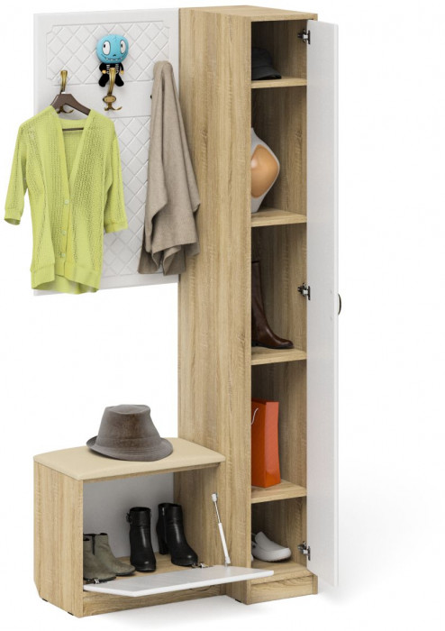 Прихожая П-6 Компоновка № 41, дуб сонома/фасады МДФ белое дерево фрезеровка ромб