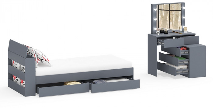 Ксения Кровать с ящиками 0900 + Стол косметический с подсветкой 110, графит