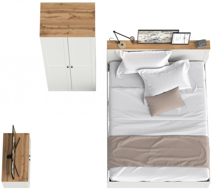 Остин 11.53 Кровать + ортопед + 13.336.02 Шкаф для одежды + 13.257 Тумба, белый шагрень/дуб крафт золотой