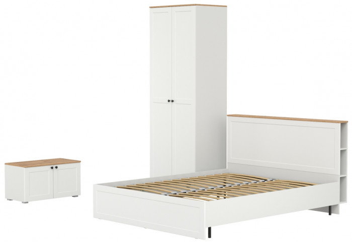 Остин 11.53 Кровать + ортопед + 13.336.02 Шкаф для одежды + 13.257 Тумба, белый шагрень/дуб крафт золотой