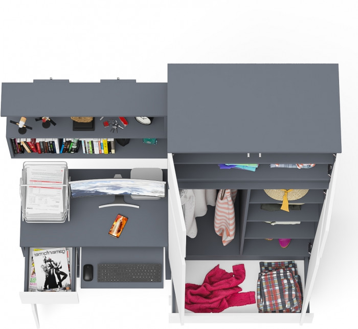 Мори компьютерный стол МС-1 левый + Шкаф МШ900.1 + Антресоль МА900.1 + Полка 900, графит/белый