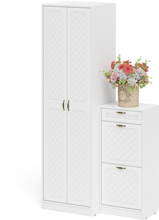 Прихожая П-6 Компоновка № 16, белая шагрень/фасады МДФ белое дерево фрезеровка ромб