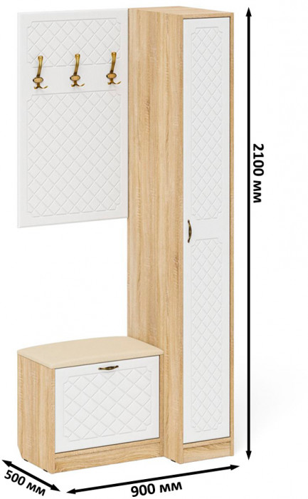 Прихожая П-6 Компоновка № 41, цвет дуб сонома/фасады МДФ белое дерево фрезеровка ромб, ШхГхВ 90х50х210 см., универсальная сборка