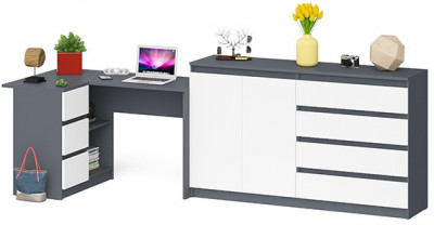 Мори компьютерный стол МС-16 левый + Комод МК1600.1, графит/белый