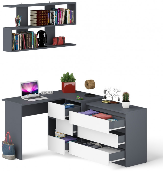 Мори компьютерный стол МС-16 правый + Комод МК800.1 + Полка 1200, графит/белый