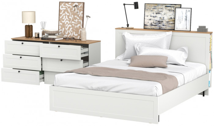 Остин 11.53 Кровать + ортопед + 16.240 Комод, белый шагрень/дуб крафт золотой