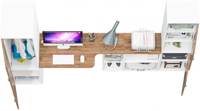 Лидер-8 Пенал МД 23Б + Стол + Пенал, цвет белый шагрень/крафт золото, ШхГхВ 245х50/30х75/190 или 155х120/50х75/190 см., НЕ универсальная сборка