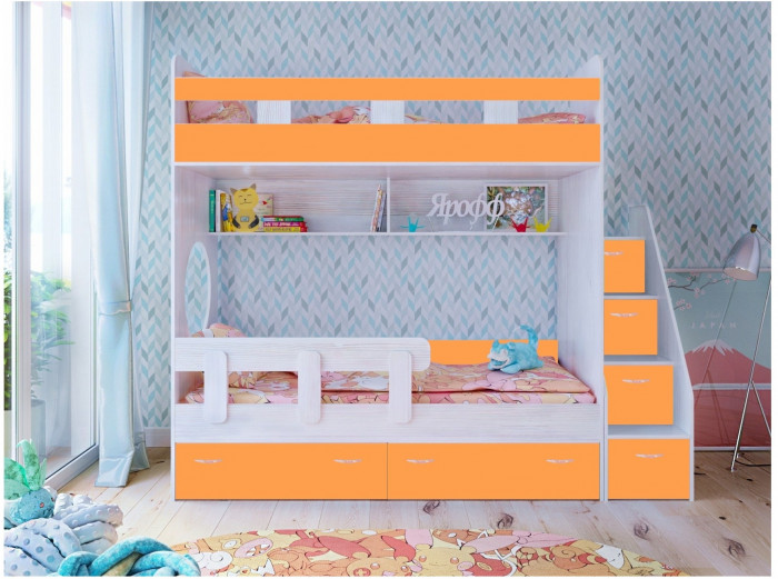 Двухъярусная кровать Юниор 1 + бортик Юниор (Винтерберг/Оранжевый)