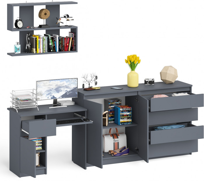 Мори компьютерный стол МС-1 левый + Комод МК1600.1 + Полка 900, графит