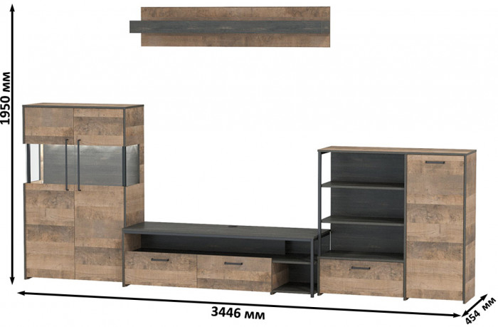 Трувор Гостиная 053, цвет дуб гранж песочный/интра, ШхГхВ 344,6х45,4х195 см., универсальная сборка