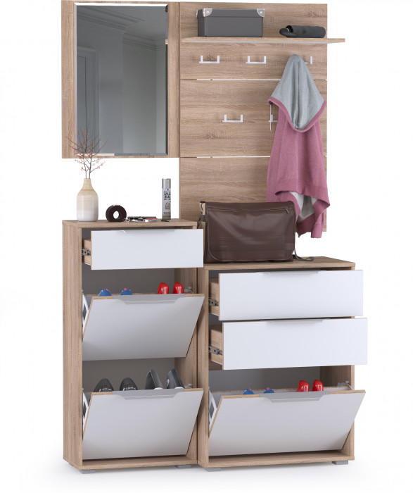 Куба Прихожая 8, обувница 13.113 + Вешалка 10.122 + обувница 13.114 + Зеркало, цвет дуб сонома/белый премиум, ШхГхВ 115х38,3х210,6 см., ун. сборка
