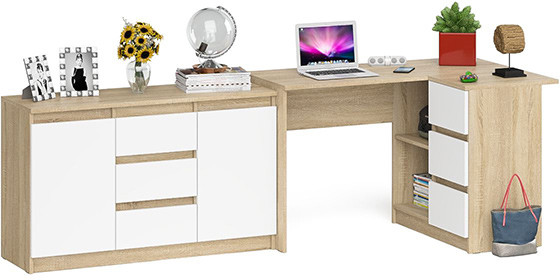 Мори компьютерный стол МС-16 правый + Комод МК1200.3, дуб сонома/белый