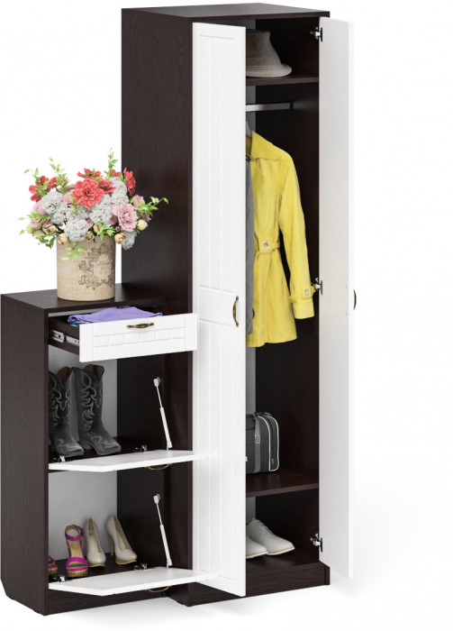 Прихожая П-6 Компоновка № 16, венге/фасады МДФ белое дерево фрезеровка прованс