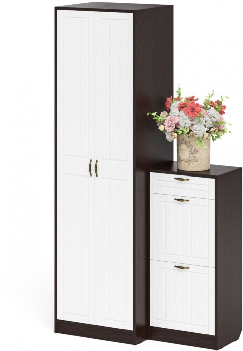 Прихожая П-6 Компоновка № 16, венге/фасады МДФ белое дерево фрезеровка прованс