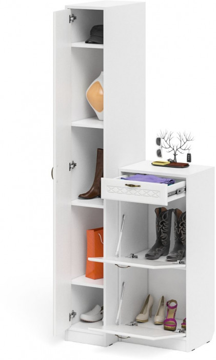 Прихожая П-6 Компоновка № 42, белая шагрень/фасады МДФ белое дерево фрезеровка ромб