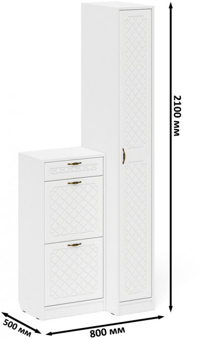 Прихожая П-6 Компоновка № 42, белая шагрень/фасады МДФ белое дерево фрезеровка ромб