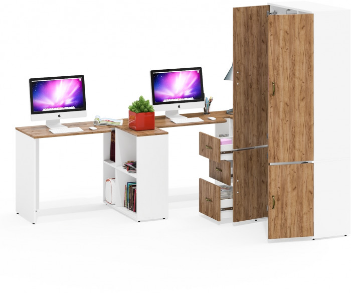 Лидер-8 Стол + Стол + Шкаф МД 20Б + Тумба МД 3.16, белый шагрень/крафт золото