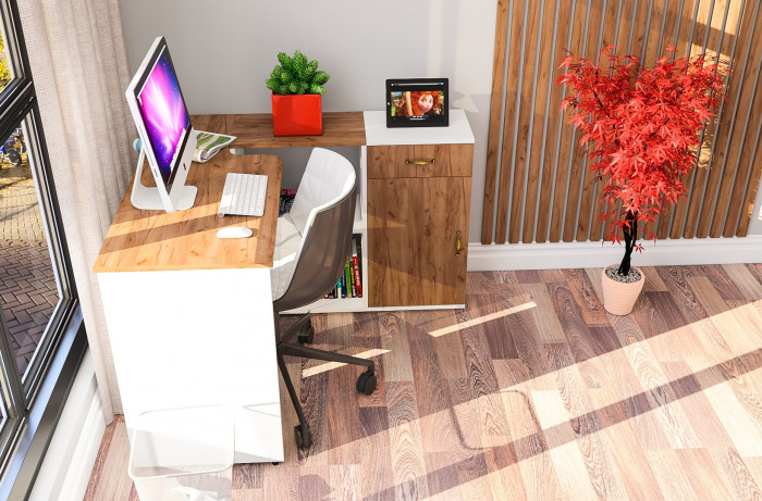 Лидер-8 Стол + Тумба МД 3.15, белый шагрень/крафт золото