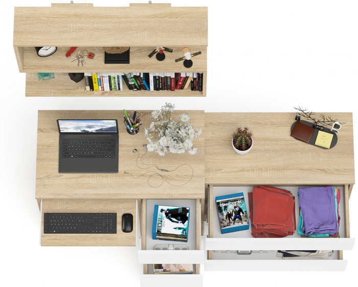 Мори компьютерный стол МС-6 правый + Комод МК800.1 + Полка 900, дуб сонома/белый