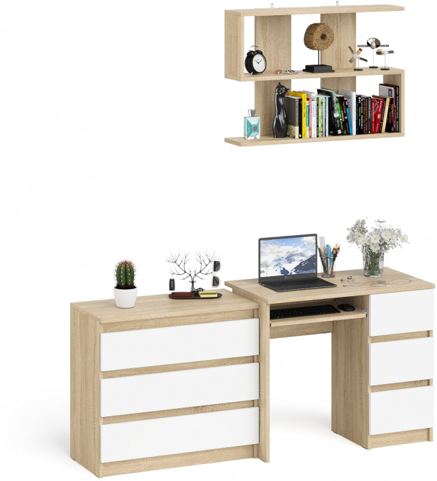 Мори компьютерный стол МС-6 правый + Комод МК800.1 + Полка 900, дуб сонома/белый