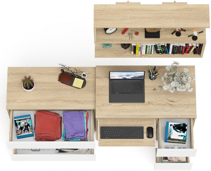 Мори компьютерный стол МС-6 правый + Комод МК800.1 + Полка 900, дуб сонома/белый