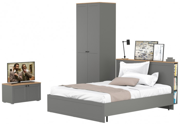 Остин 11.53 Кровать + ортопед + 13.336.02 Шкаф для одежды + 13.257 Тумба, серый графит/дуб крафт золотой