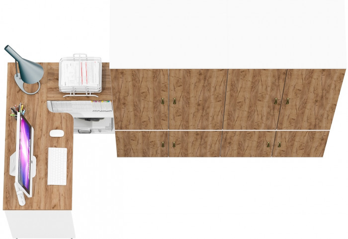Лидер-8 Стол + Шкаф МД 19Б + Шкаф МД 19Б, цвет белый шагрень/крафт золото, ШхГхВ 325х50х75/190 или 240х115/50х75/190 см., НЕ ун. сборка