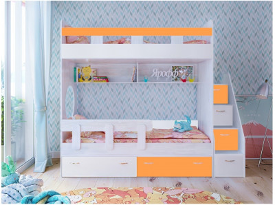 Двухъярусная кровать Юниор 1 + бортик Юниор (Винтерберг/Белое дерево / Оранжевый)