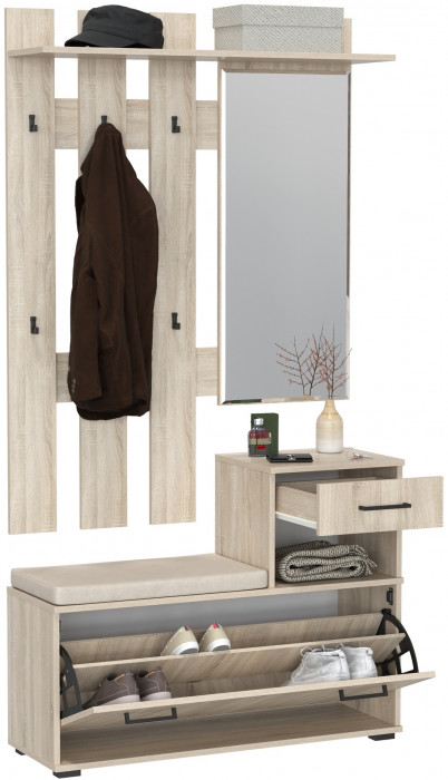 Лира ГК Прихожая 1 2-0714+2-3814 Тумба под обувь + Вешалка с зеркалом, цвет дуб сонома, ШхГхВ 100х33х185 см., универсальная сборка