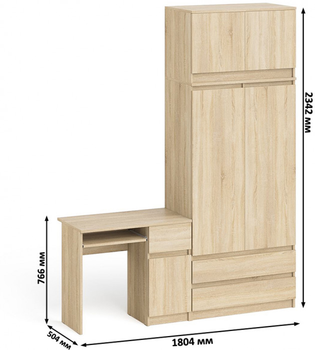 Мори Стол компьютерный МС-1 правый + Шкаф МШ900.1 + Антресоль МА900.1, цвет дуб сонома, ШхГхВ 180,4х50,4х234,2 см., выдвиж. ящик справа, НЕ ун. сб.