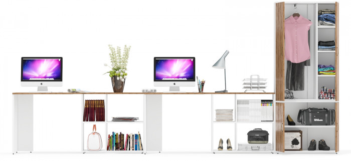 Лидер-8 Стол + Стол + Шкаф МД 20Б, белый шагрень/крафт золото